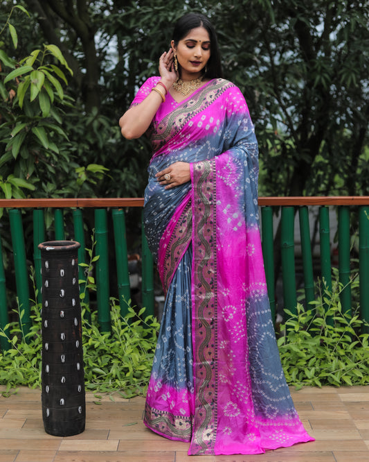 Luxurious Gray Dual Colour Bandhej Silk Saree with Zari Weaving and Broad Border – Soft, Lightweight, and Stylish.