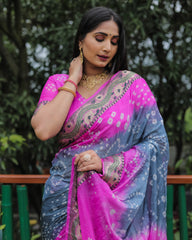 Luxurious Gray Dual Colour Bandhej Silk Saree with Zari Weaving and Broad Border – Soft, Lightweight, and Stylish.