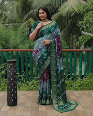 Elegant Gray Bandhej Silk Sarees | Premium Quality with Zari Weaving, Rich Pallu, and Broad Border Design.