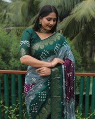 Elegant Gray Bandhej Silk Sarees | Premium Quality with Zari Weaving, Rich Pallu, and Broad Border Design.