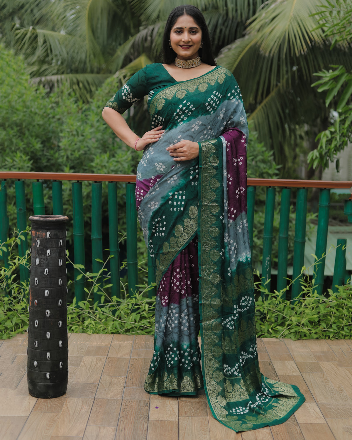 Elegant Gray Bandhej Silk Sarees | Premium Quality with Zari Weaving, Rich Pallu, and Broad Border Design.