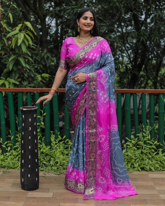 Luxurious Gray Dual Colour Bandhej Silk Saree with Zari Weaving and Broad Border – Soft, Lightweight, and Stylish.