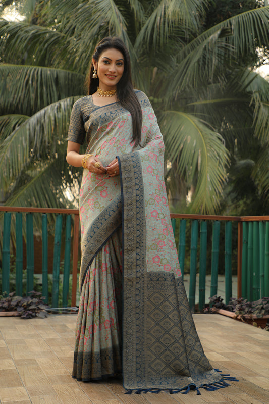 Gray Original Kanjivaram Soft Silk Saree