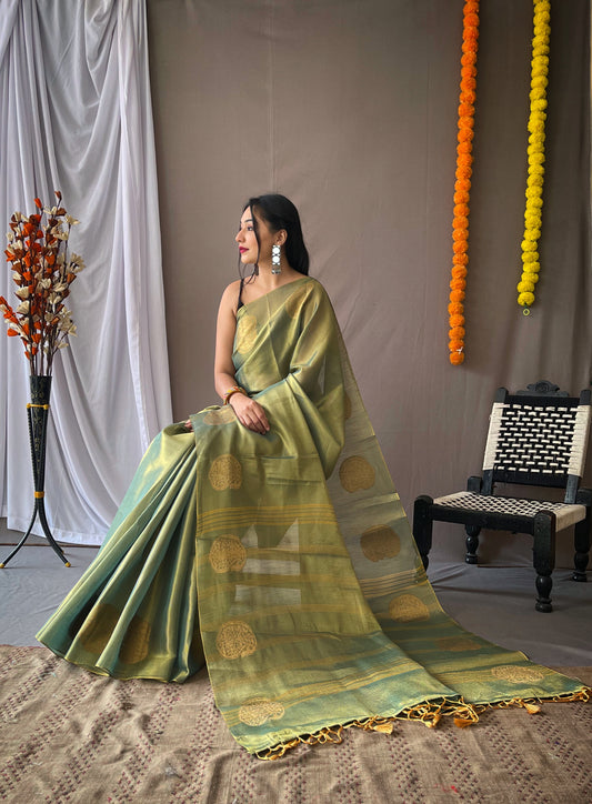 Original Green Tissue Silk Sarees with All-Over Zari Weaving and Mango Border - Chit Pallu with Jhalar, Paired with Zari Lining Unstitched Blouse.