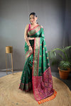 Green Color Soft Rangeen Patola Silk Saree with All-Over Meenakari Weaving | Rich Pallu with Tassels | Unstitched Blouse Piece Included.