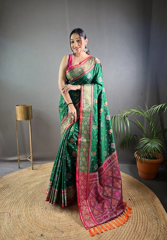 Green Color Soft Rangeen Patola Silk Saree with All-Over Meenakari Weaving | Rich Pallu with Tassels | Unstitched Blouse Piece Included.