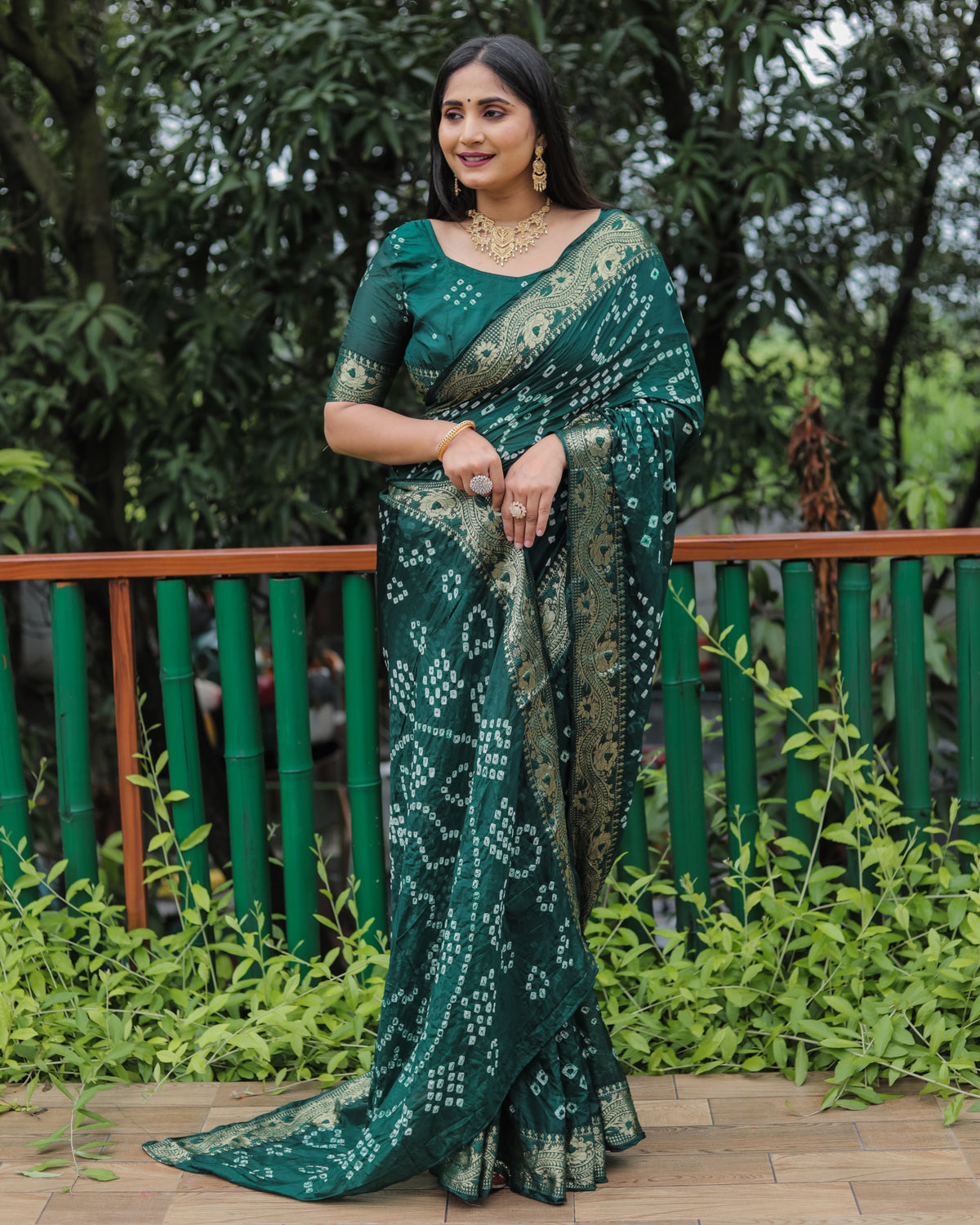 Premium Dual Colour Bandhej Silk Saree with Zari Weaving Border and Bandhej Pallu – Soft, Lightweight, and Stylish.