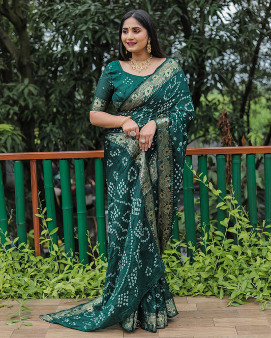 Green Dual Colour Bandhej Silk Lightweight Saree For Weddings