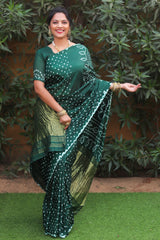 Premium Green Pure Bandhej Silk Saree with Lagdi Patta Zari Weaving & Rich Pallu | Includes Bandhej Design Blouse.