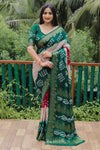 Elegant Green Bandhej Silk Sarees | Premium Quality with Zari Weaving, Rich Pallu, and Broad Border Design.