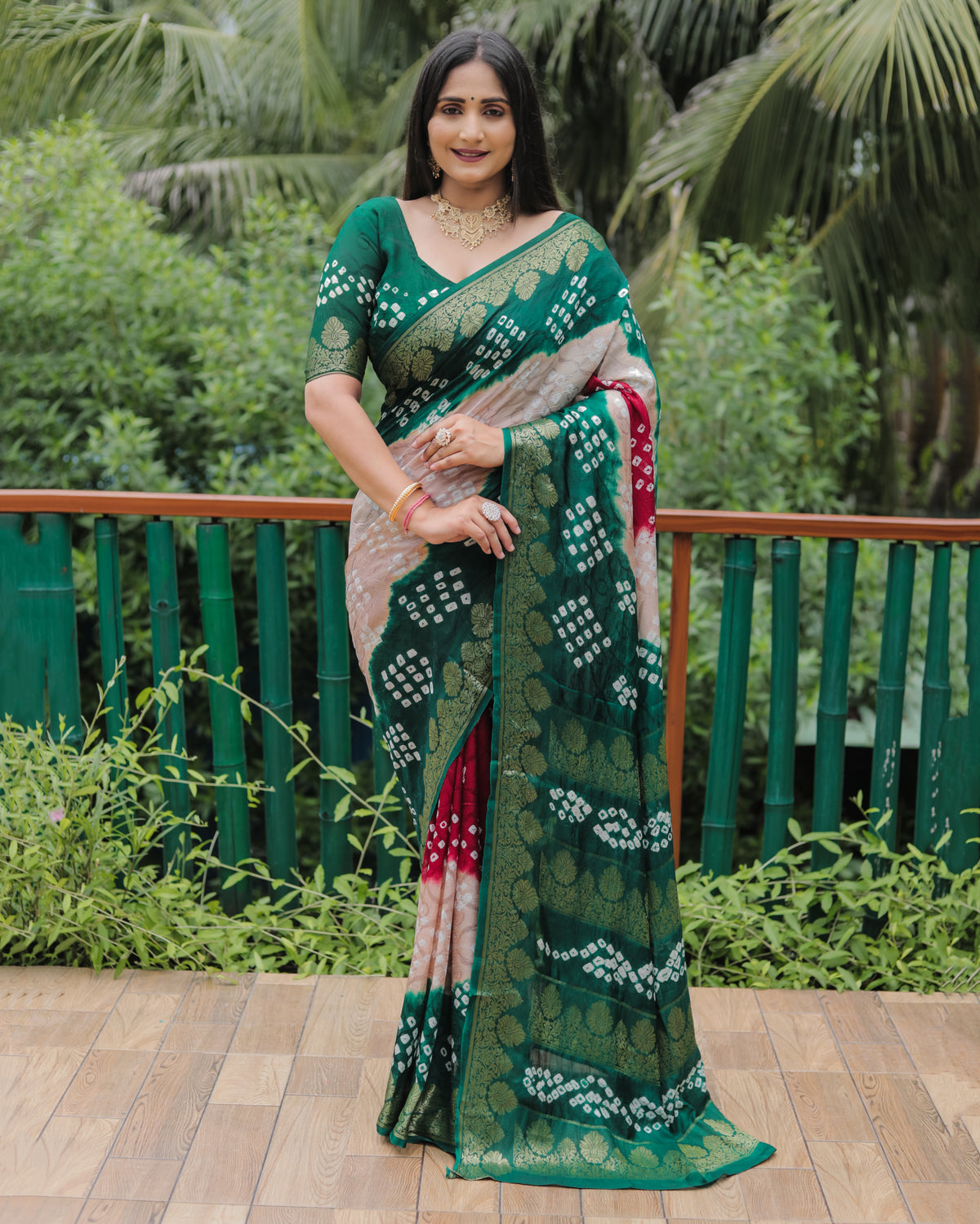 Elegant Green Bandhej Silk Sarees | Premium Quality with Zari Weaving, Rich Pallu, and Broad Border Design.