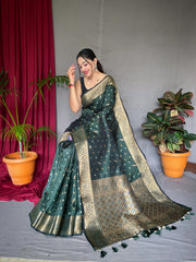 Green Pure Soft Silk Saree with Copper & Golden Zari Woven Border, Rich Pallu with Beautiful Motifs & Elegant Color Combination | Three Zari Used, Unstitched Blouse Included.