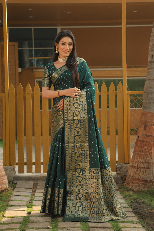 Green Color Handmade Bandhej Kanjivaram Silk Saree