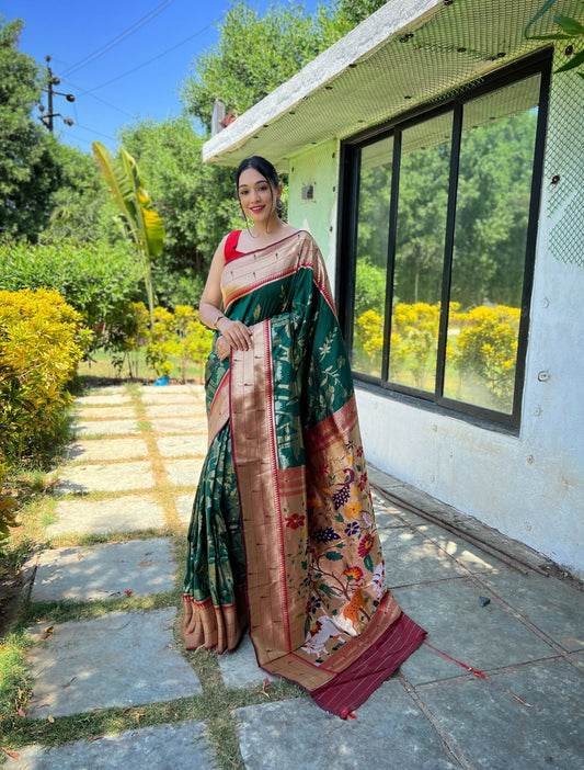 Green Color Pure Soft Paithani Silk Saree with Gold and Silver Zari