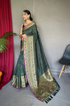 Exquisite Green Handloom Saree with Superb Antique Weaving: Heavy Gold Jacquard Border, Small Motifs, and Meena Work with Unstitched Blouse Piece.