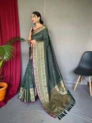 Green Handloom Saree with Gold Jacquard Border