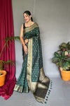 Green Pure Soft Silk Saree with Copper & Golden Zari Woven Border, Rich Pallu with Beautiful Motifs & Elegant Color Combination | Three Zari Used, Unstitched Blouse Included.