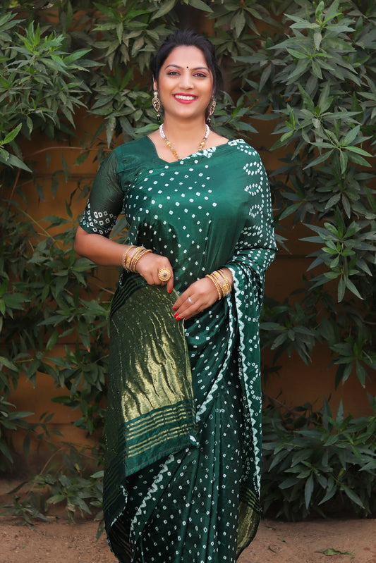 Green Pure Bandhej Silk Saree with Lagdi Patta Zari Weaving