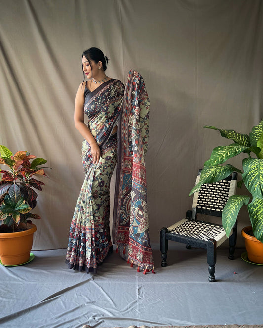 Green Kalamkari Print Saree For Wedding