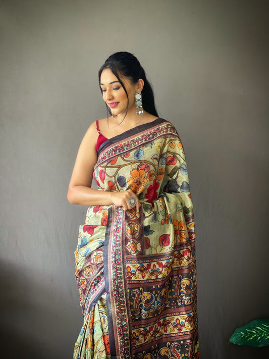 Green Cotton Sarees with Kalamkari Digital Print