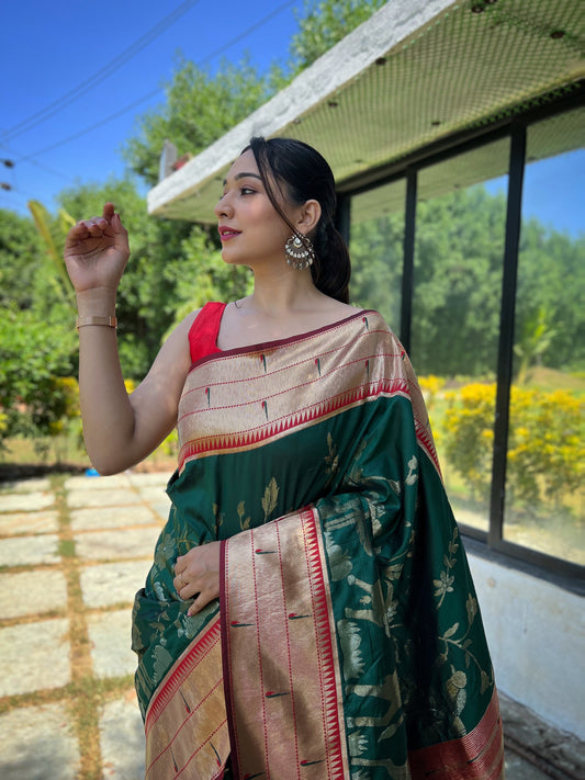 Green Color Pure Soft Paithani Silk Saree with Gold and Silver Zari