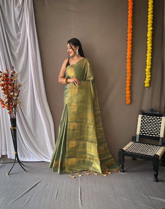 Original Green Tissue Silk Sarees with All-Over Zari Weaving and Mango Border - Chit Pallu with Jhalar, Paired with Zari Lining Unstitched Blouse.