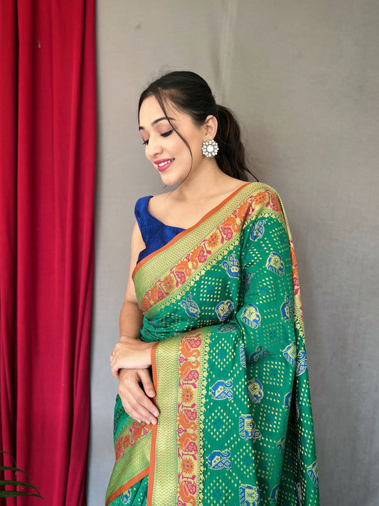 Green Kachii Patola Silk Saree with Blouse Piece