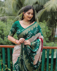 Elegant Green Bandhej Silk Sarees | Premium Quality with Zari Weaving, Rich Pallu, and Broad Border Design.