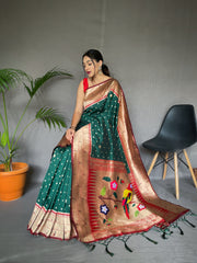 Green Pure Paithani Silk Saree with Rich Woven Pallu, Tassels, and Unique Motif Pattern – Includes Unstitched Blouse Piece.