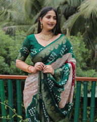 Elegant Green Bandhej Silk Sarees | Premium Quality with Zari Weaving, Rich Pallu, and Broad Border Design.