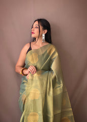 Original Green Tissue Silk Sarees with All-Over Zari Weaving and Mango Border - Chit Pallu with Jhalar, Paired with Zari Lining Unstitched Blouse.