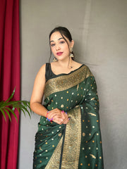 Green Pure Soft Silk Saree with Copper & Golden Zari Woven Border, Rich Pallu with Beautiful Motifs & Elegant Color Combination | Three Zari Used, Unstitched Blouse Included.