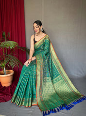 Green Color Pure Patola Silk Saree with Patola Fusion Design, Contrast Meenakari Work, Rich Pallu with Tassels – Includes Unstitched Blouse Piece