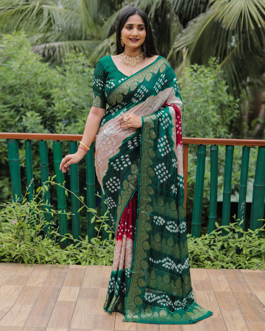 Elegant Green Bandhej Silk Sarees | Premium Quality with Zari Weaving, Rich Pallu, and Broad Border Design.