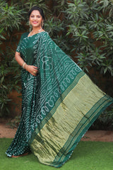 Premium Green Pure Bandhej Silk Saree with Lagdi Patta Zari Weaving & Rich Pallu | Includes Bandhej Design Blouse.