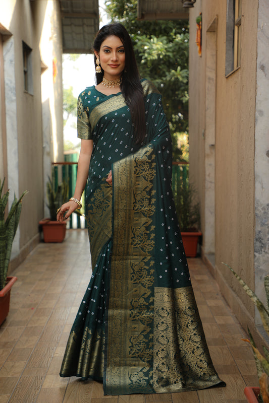 Green Color Handmade Bandhej Kanjivaram Silk Saree For Women