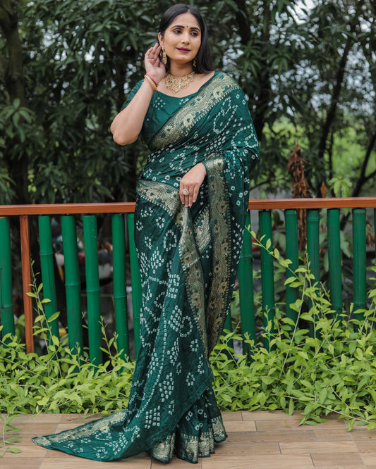 Green Dual Colour Bandhej Silk Lightweight Saree For Weddings