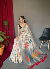 Gray Color Digital Print Silk Saree with Floral Katha Stitch, Golden Zari Rich Pallu, Golden Motifs & Unique Color Combination | Unstitched Blouse Piece.