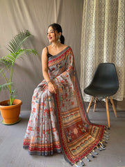 Gray Pure Malai Cotton Saree with Kalamkari Prints