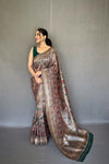 Luxurious Soft Grey Silk Sari with Innovative Kalamkari Fusion Print Design