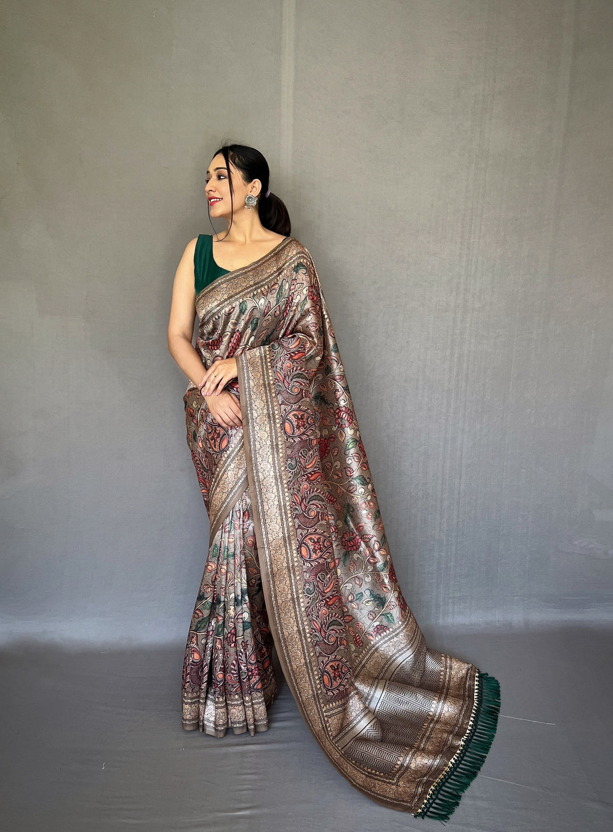 Soft Grey Silk Sari with Innovative Kalamkari Fusion Print Design