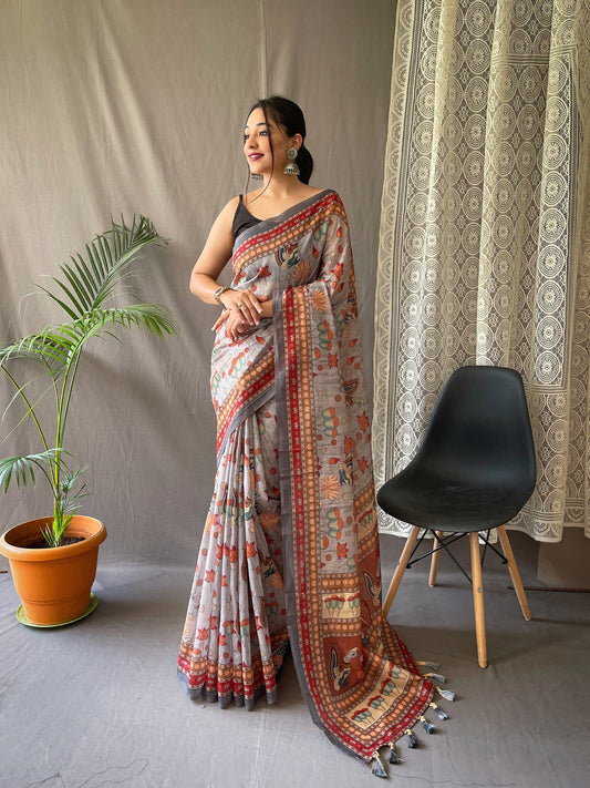 Gray Pure Malai Cotton Saree with Kalamkari Prints