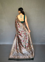 Soft Grey Silk Sari with Innovative Kalamkari Fusion Print Design