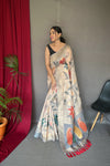 Gray Color Digital Print Silk Saree with Floral Katha Stitch