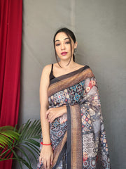 Gray Cotton Sarees with Kashmiri Digital Print