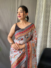 Gray Pure Malai Cotton Saree with Kalamkari Prints