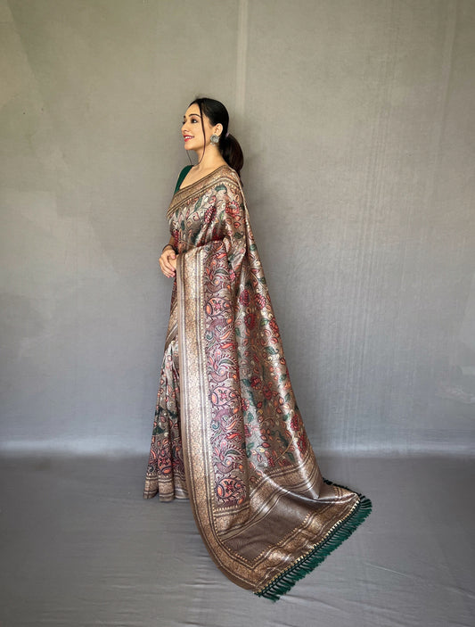 Soft Grey Silk Sari with Innovative Kalamkari Fusion Print Design