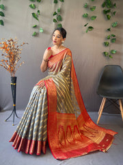 Gray Pure Organza Saree with Jacquard Border and Rich Pallu Featuring Luxurious Tassels.