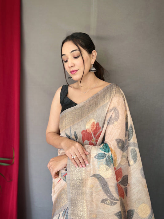 Gray Color Digital Print Silk Saree with Floral Katha Stitch