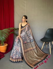 Gray Cotton Sarees with Kashmiri Digital Print